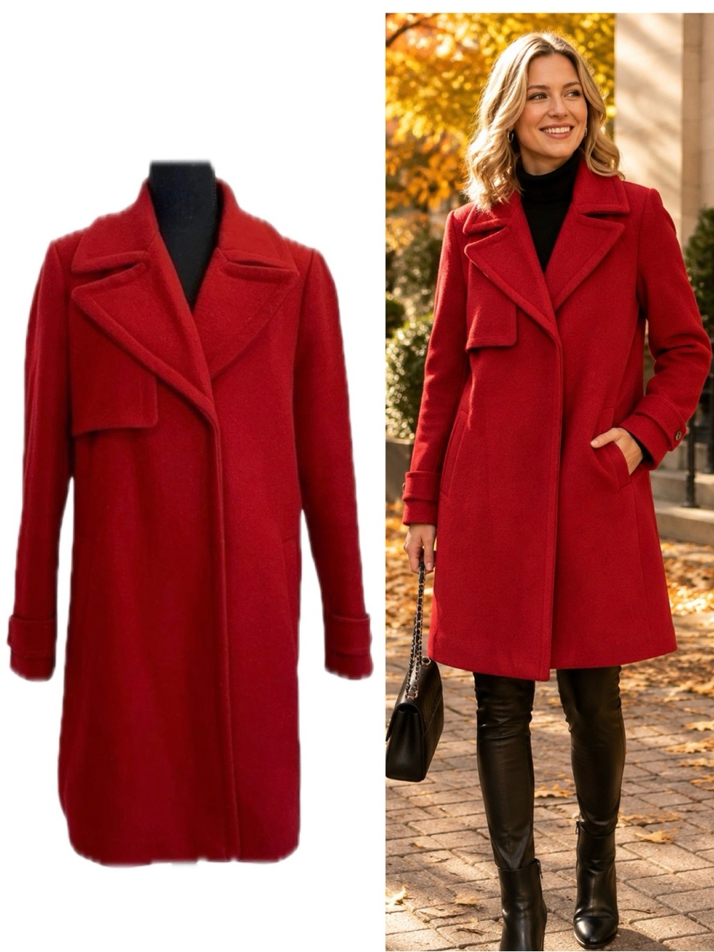 Karl Lagerfeld Red Wool Blend Long Coat Size M Statement Fall Winter Jacket